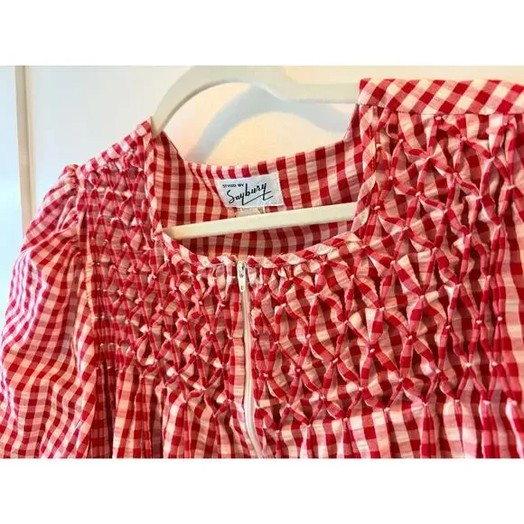 Vintage Red Gingham Prairie Dress | Smocked Cottagecore Housedress - Picture 3 of 4
